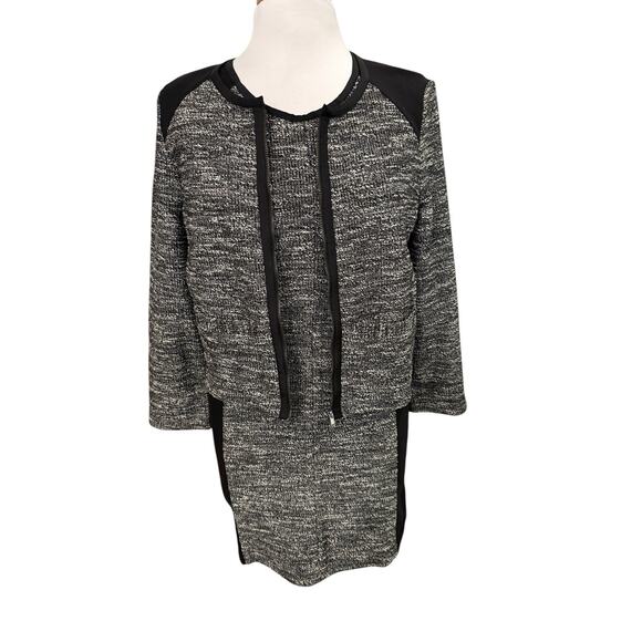 Eileen Fisher Black Grey Tweed Dress Blazer Jacket Set Colorblock Medium Petite - Picture 1 of 16